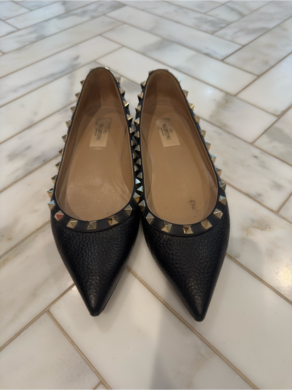 Valentino Black Leather Pointed-Toe Rockstud Flats